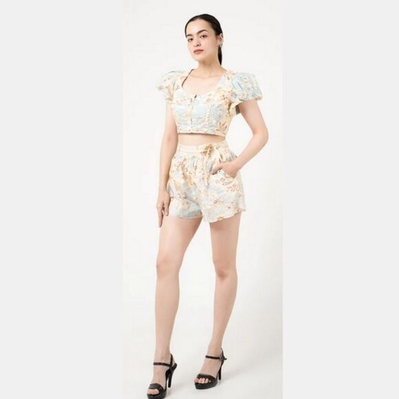 ULLA JOHNSON Kalena Floral Poplin Crop Top Puff Sleeve Front Zip Gardenia Sz 10 - Picture 5 of 15